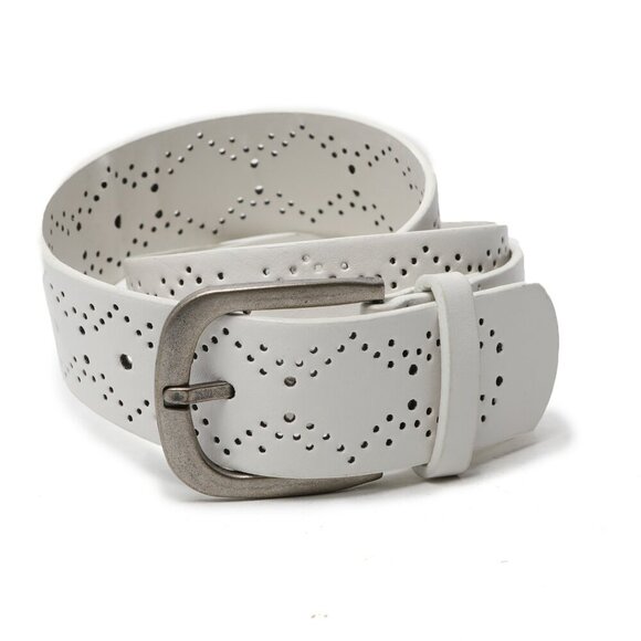 Faux Leather Perforated Die Cut Belt White Silver Buckle Retro Y2K - Picture 1 of 8